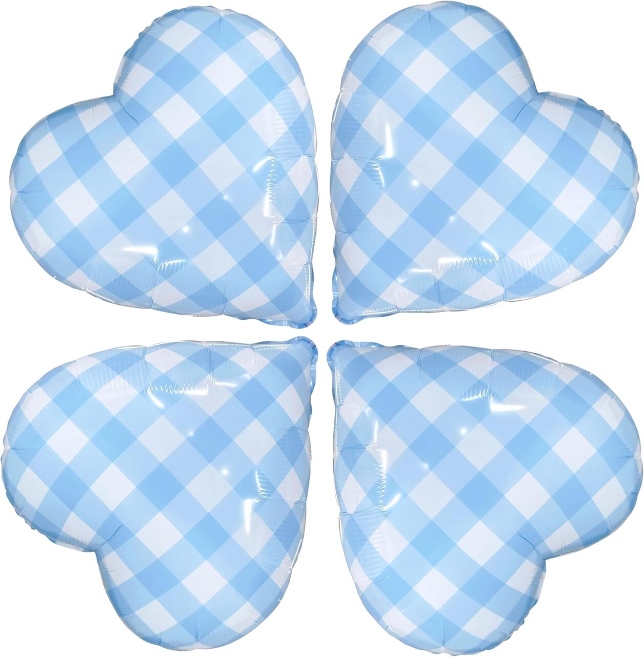 4PCS Blue Heart Balloons – 17-Inch Blue & Cream White Striped Foil Mylar Balloons for Valentine’s Day, Birthday, Wedding, Bridal, and Party Decorations (Love Checkered Blue)